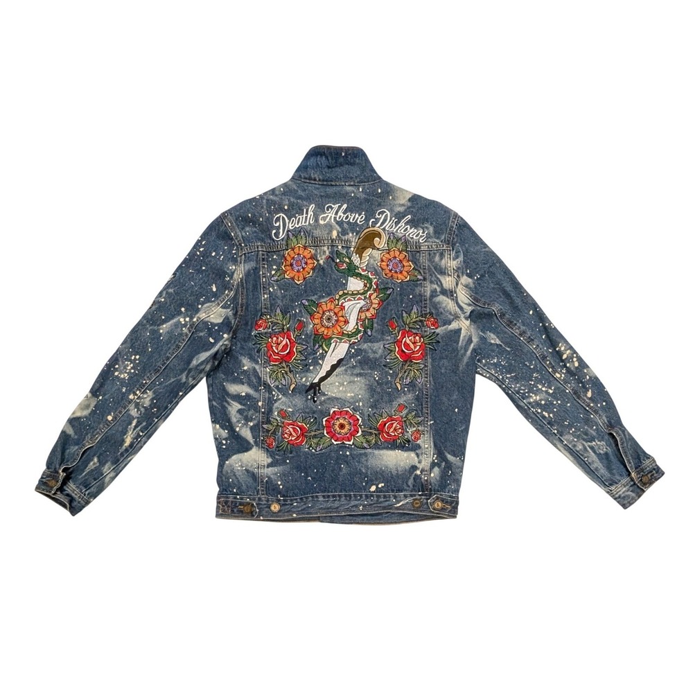 Reason Denim Sherpa Trucker Jacket L Death Before Dishonor Embroidery Distressed - Picture 3 of 14